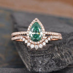 Load image into Gallery viewer, 1.25CT PEAR CUT GREEN HALO DIAMOND MOISSANITE ENGAGEMENT RING BRIDAL SET