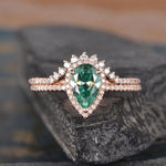 Load image into Gallery viewer, 1.25CT PEAR CUT GREEN HALO DIAMOND MOISSANITE ENGAGEMENT RING BRIDAL SET