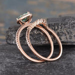 Load image into Gallery viewer, 1.25CT PEAR CUT GREEN HALO DIAMOND MOISSANITE ENGAGEMENT RING BRIDAL SET
