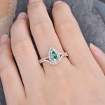 Load image into Gallery viewer, 1.25CT PEAR CUT GREEN HALO DIAMOND MOISSANITE ENGAGEMENT RING BRIDAL SET