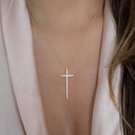 Load image into Gallery viewer, 14K GOLD MOISSANITE DIAMOND LONG CROSS PENDANT NECKLACE
