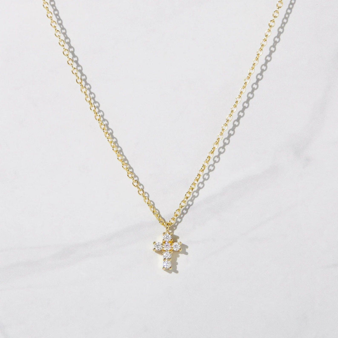 14K GOLD UNIQUE CROSS WITH ROUND MOISSANITE DIAMONDS DAINTY NECKLACE