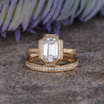 Load image into Gallery viewer, 2.50CT EMERALD CUT YELLOW GOLD VINTAGE HALF ETERNITY MOISSANITE ENGAGEMENT RING BRIDAL SET