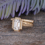Load image into Gallery viewer, 2.50CT EMERALD CUT YELLOW GOLD VINTAGE HALF ETERNITY MOISSANITE ENGAGEMENT RING BRIDAL SET