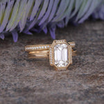Load image into Gallery viewer, 2.50CT EMERALD CUT YELLOW GOLD VINTAGE HALF ETERNITY MOISSANITE ENGAGEMENT RING BRIDAL SET