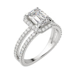 Load image into Gallery viewer, DUET HALO EMERALD CUT MOISSANITE ENGAGEMENT RING