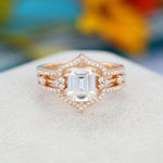 Load image into Gallery viewer, 3PCS EMERALD CUT ROSE GOLD CLUSTER WEDDING BRIDAL MOISSANITE ENGAGEMENT RING SET
