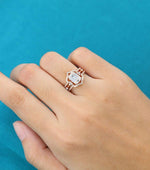 Load image into Gallery viewer, 3PCS EMERALD CUT ROSE GOLD CLUSTER WEDDING BRIDAL MOISSANITE ENGAGEMENT RING SET