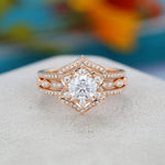 Load image into Gallery viewer, 3PCS FLOWER SHAPE ROSE GOLD MILGRAIN MARQUISE WEDDING BRIDAL MOISSANITE RING SET
