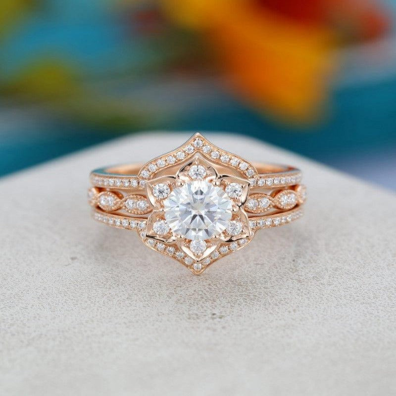 3PCS FLOWER SHAPE ROSE GOLD MILGRAIN MARQUISE WEDDING BRIDAL MOISSANITE RING SET