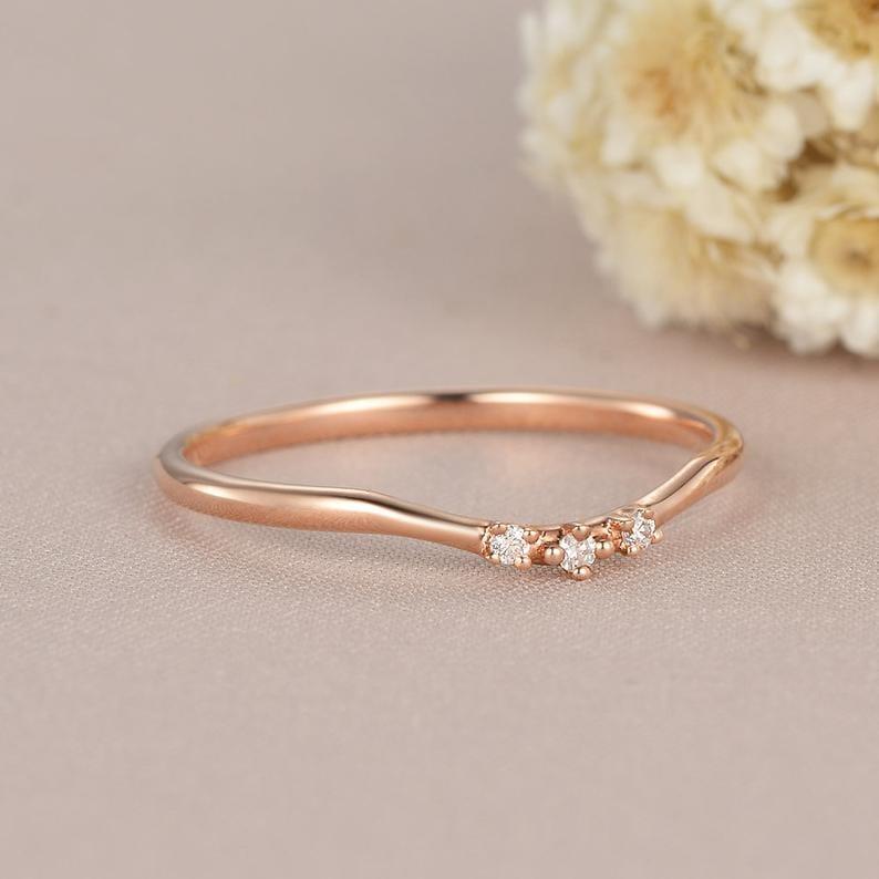 DAINTY ROSE GOLD MATCHING THREE STONE MOISSANITE WEDDING BAND GIFT FOR WOMEN