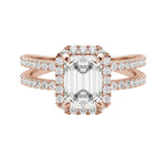 Load image into Gallery viewer, DUET HALO EMERALD CUT MOISSANITE ENGAGEMENT RING