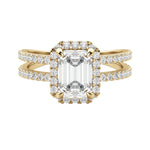 Load image into Gallery viewer, DUET HALO EMERALD CUT MOISSANITE ENGAGEMENT RING