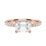 Load image into Gallery viewer, EDGY BASKET ACCENTED EMERALD CUT MOISSANITE ENGAGEMENT RING