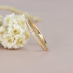 Load image into Gallery viewer, MILGRAIN YELLOW GOLD HALF ETERNITY MINIMALIST BRIDAL STACKING MOISSANITE WEDDING BAND