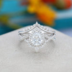 Load image into Gallery viewer, PEAR CUT WHITE GOLD ART DECO CURVED BAND ANNIVERSARY MOISSANITE ENGAGEMENT RING BRIDAL SET