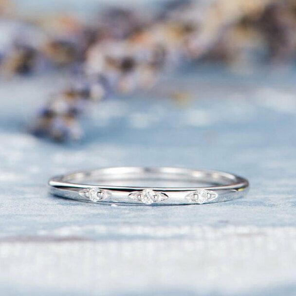 THIN WHITE GOLD MINI MOISSANITE DIAMOND STACKABLE WEDDING BAND FOR GIFT