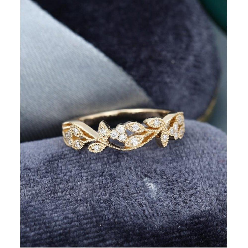 UNIQUE FLORAL VINTAGE YELLOW GOLD MILGRAIN STACKING MOISSANITE WEDDING BAND