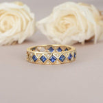 Load image into Gallery viewer, VINTAGE PRINCESS CUT SAPPHIRE DIAMOND WEDDING BAND