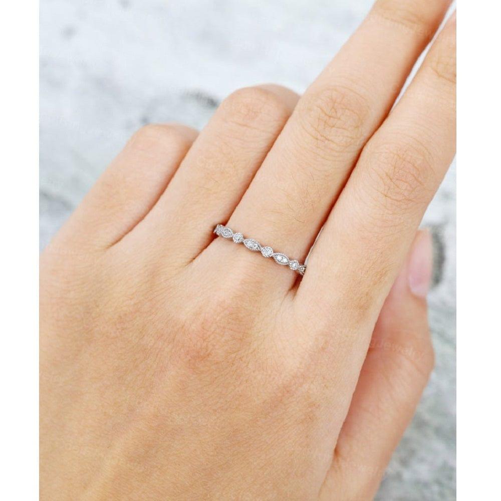 VINTAGE UNIQUE MILGRAIN WHITE GOLD STACKING MATCHING HALF ETERNITY MOISSANITE WEDDING BAND