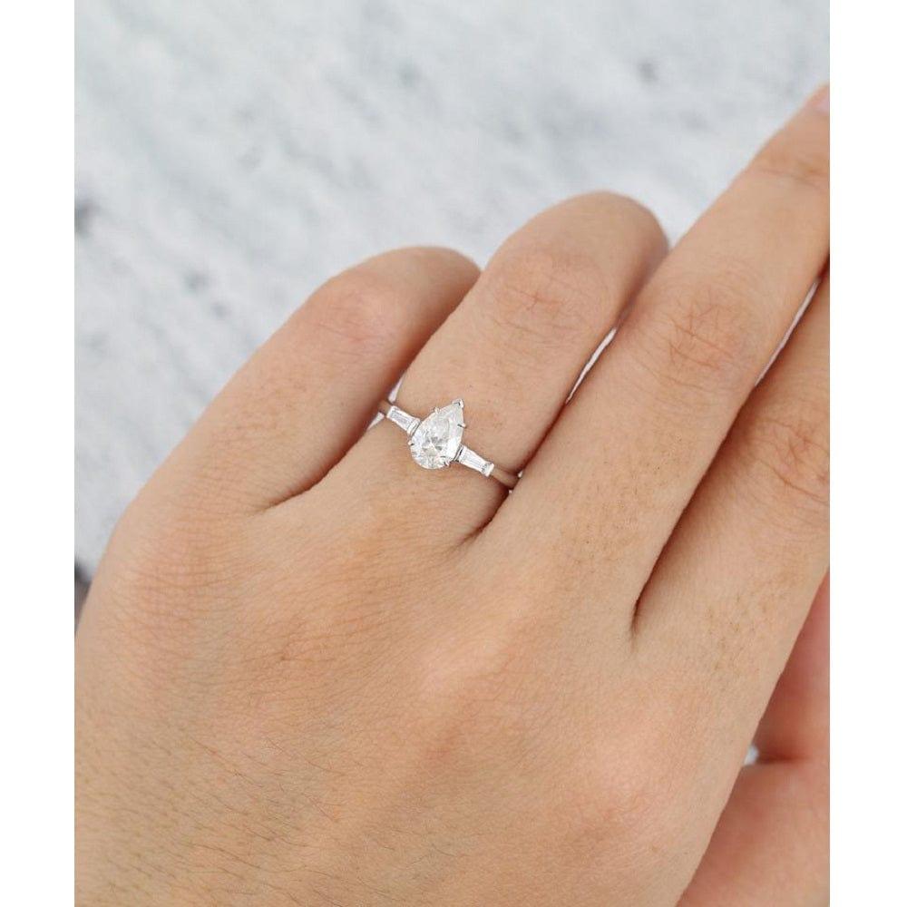 0.75 PEAR SHAPED WHITE GOLD DIAMOND BAGUETTE MOISSANITE ENGAGEMENT RING SET