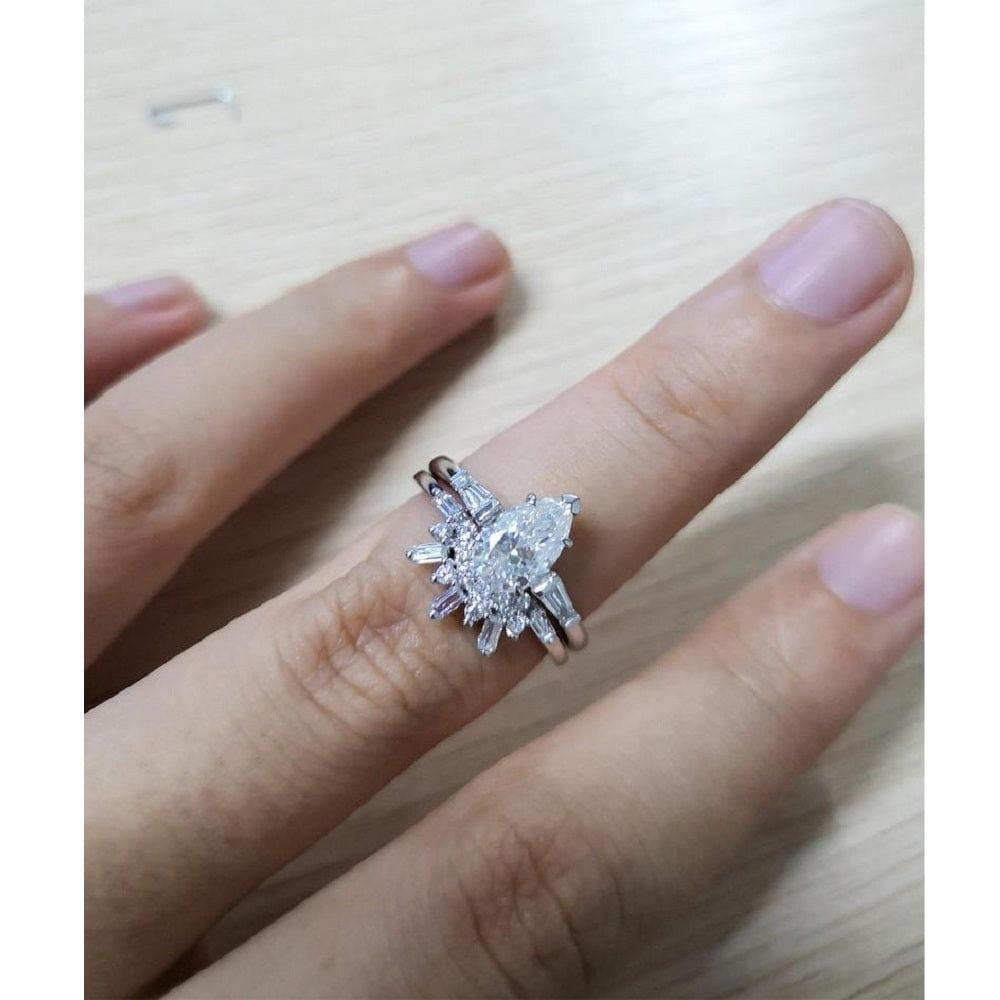 0.75 PEAR SHAPED WHITE GOLD DIAMOND BAGUETTE MOISSANITE ENGAGEMENT RING SET