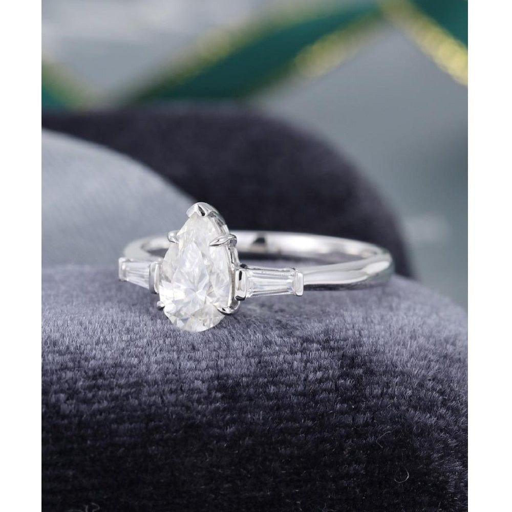 0.75 PEAR SHAPED WHITE GOLD DIAMOND BAGUETTE MOISSANITE ENGAGEMENT RING SET