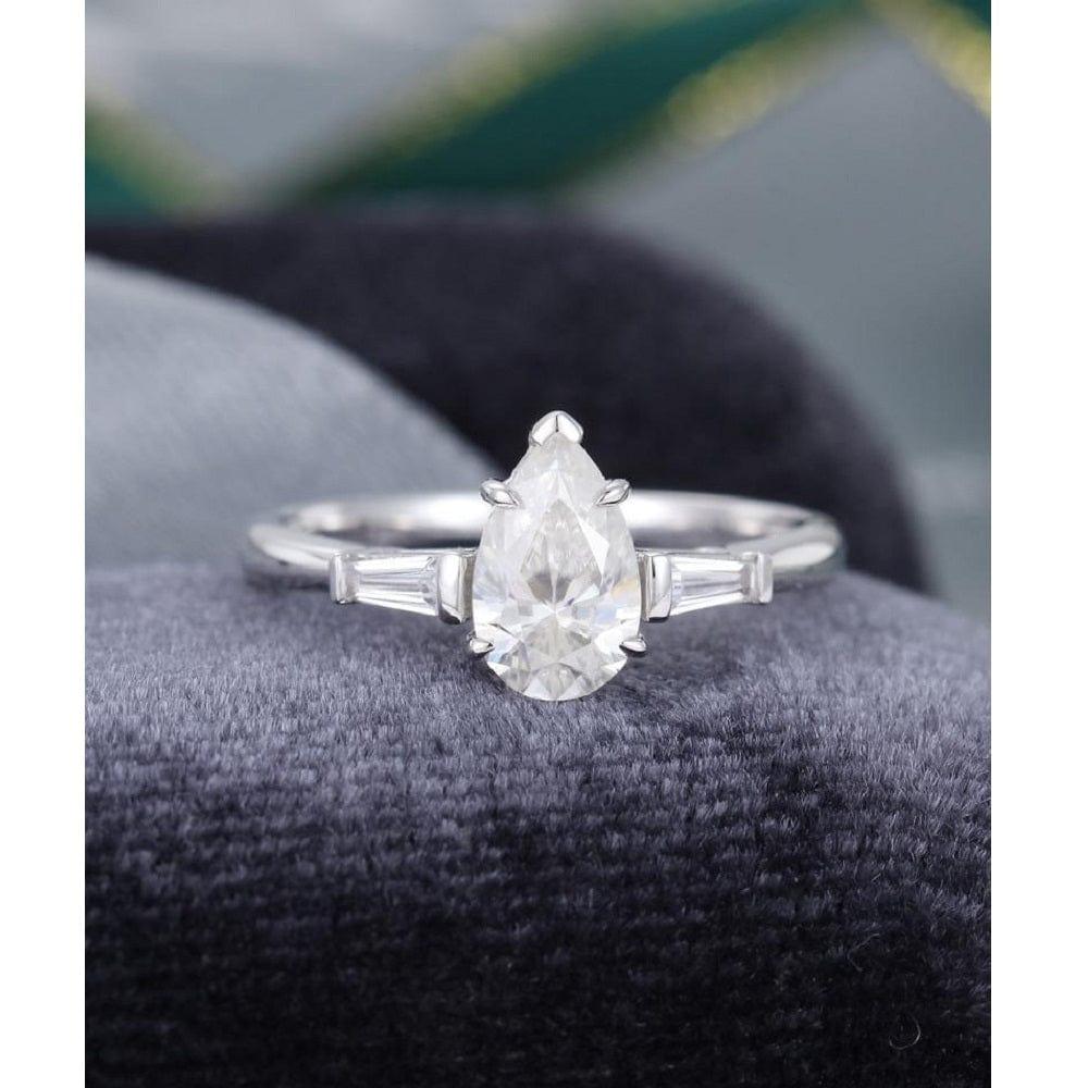 0.75 PEAR SHAPED WHITE GOLD DIAMOND BAGUETTE MOISSANITE ENGAGEMENT RING SET