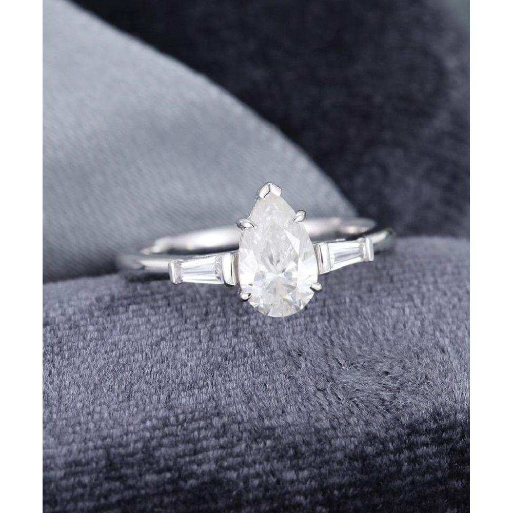 0.75 PEAR SHAPED WHITE GOLD DIAMOND BAGUETTE MOISSANITE ENGAGEMENT RING SET