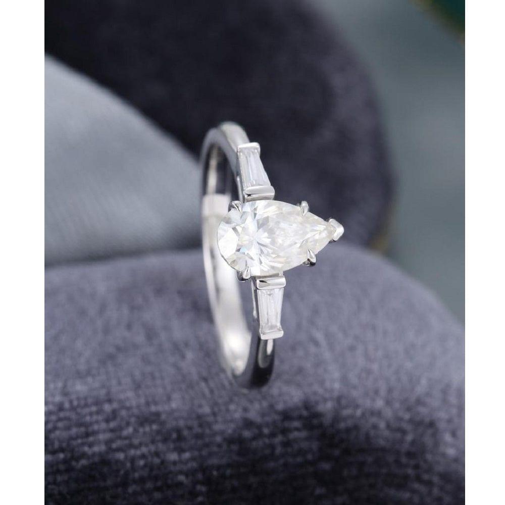 0.75 PEAR SHAPED WHITE GOLD DIAMOND BAGUETTE MOISSANITE ENGAGEMENT RING SET