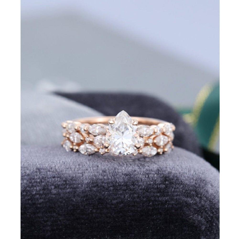 0.75CT PEAR CUT ROSE GOLD VINTAGE HALF ETERNITY WEDDING BAND MOISSANITE ENGAGEMENT RING