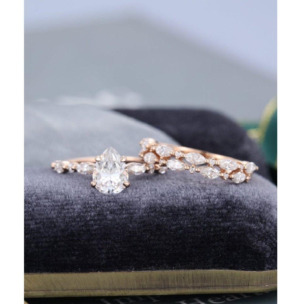 0.75CT PEAR CUT ROSE GOLD VINTAGE HALF ETERNITY WEDDING BAND MOISSANITE ENGAGEMENT RING