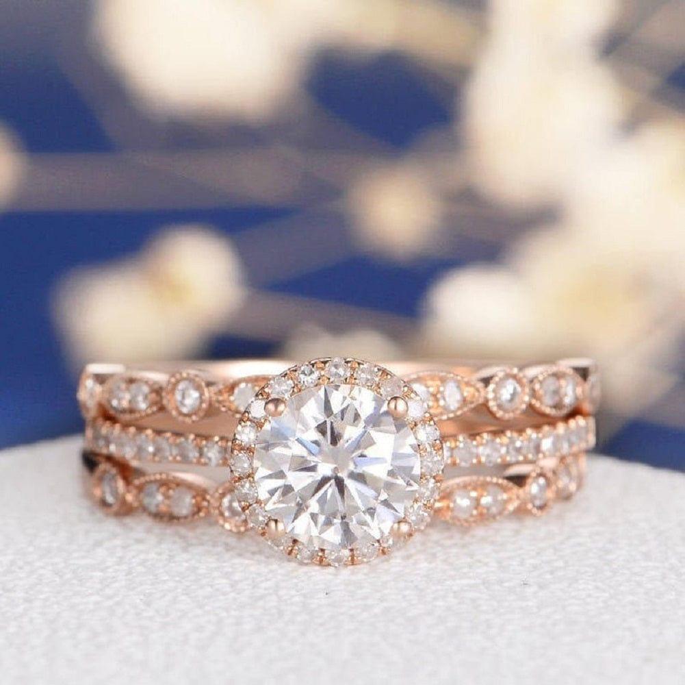 1.00 CT ROUND CUT HALO ART DECO WEDDING MOISSANITE ENGAGEMENT RING WITH STACKING BAND