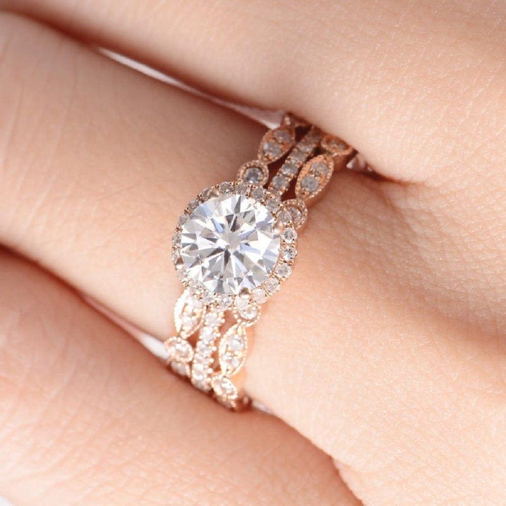 1.00 CT ROUND CUT HALO ART DECO WEDDING MOISSANITE ENGAGEMENT RING WITH STACKING BAND