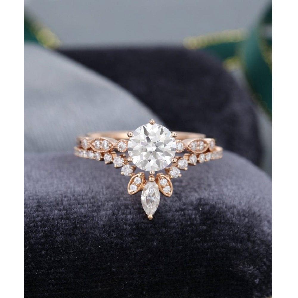 1.00CT 2PCS UNIQUE ROSE GOLD ART DECO VINTAGE CURVED MOISSANITE ENGAGEMENT RING BAND SET