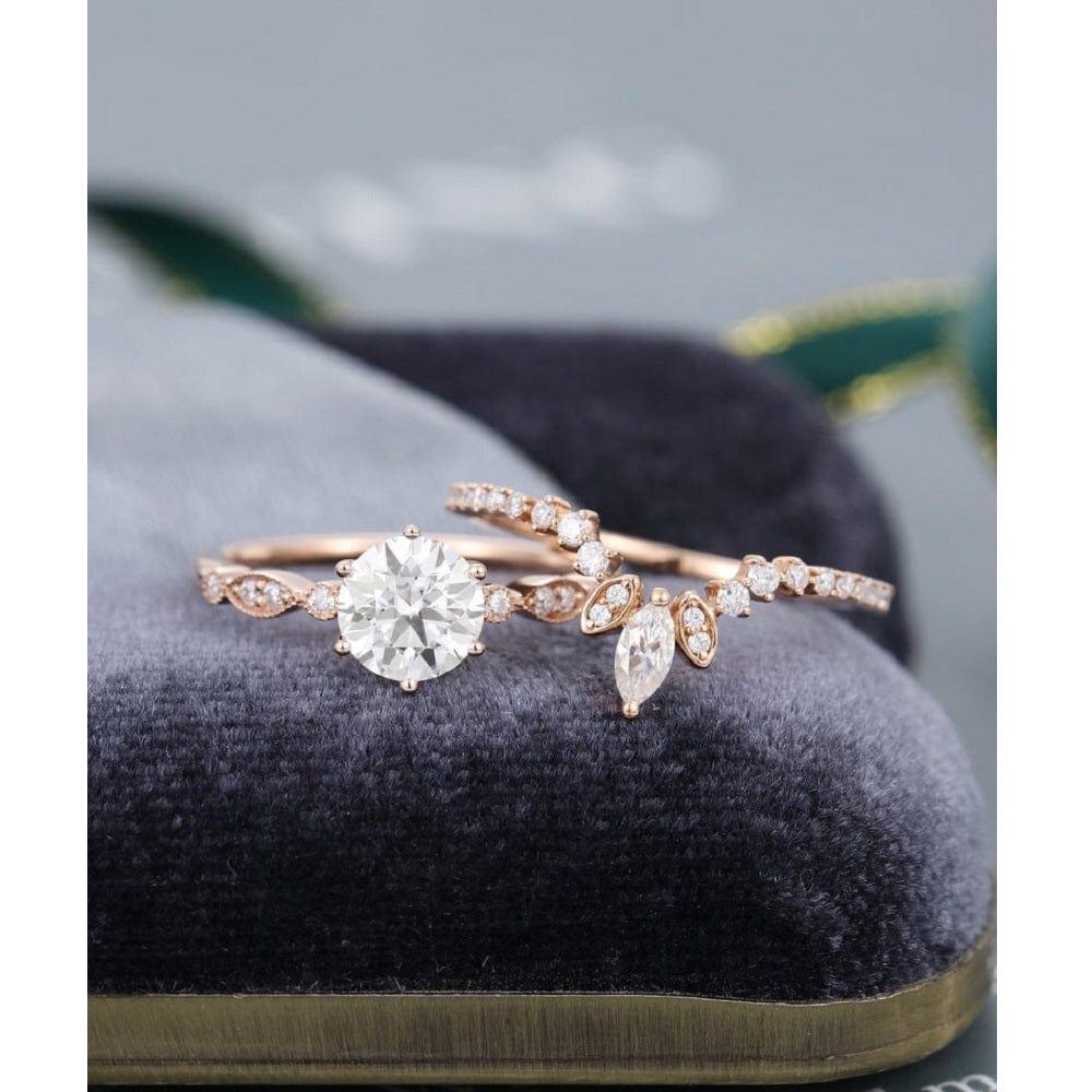 1.00CT 2PCS UNIQUE ROSE GOLD ART DECO VINTAGE CURVED MOISSANITE ENGAGEMENT RING BAND SET