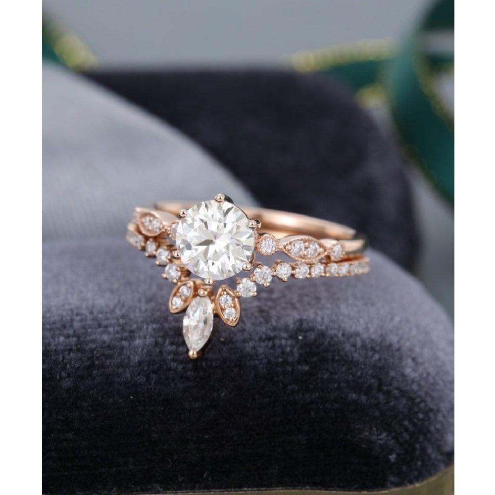 1.00CT 2PCS UNIQUE ROSE GOLD ART DECO VINTAGE CURVED MOISSANITE ENGAGEMENT RING BAND SET