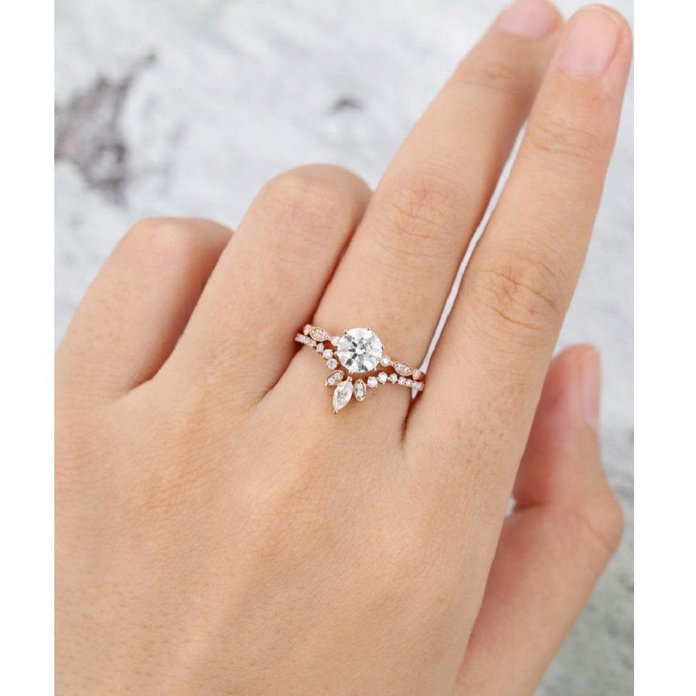 1.00CT 2PCS UNIQUE ROSE GOLD ART DECO VINTAGE CURVED MOISSANITE ENGAGEMENT RING BAND SET