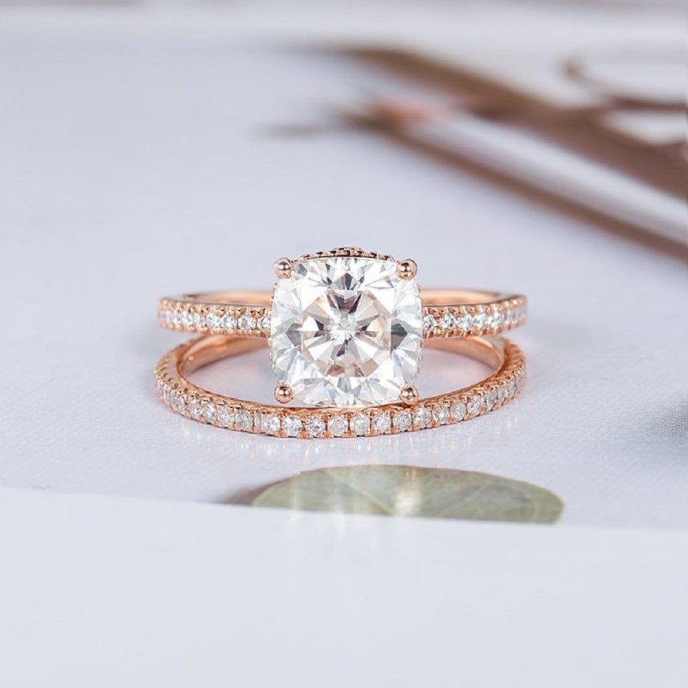 1.00CT CUSHION CUT ROSE GOLD HIDDEN HALO BRIDAL WEDDING MOISSANITE ENGAGEMENT RING SET