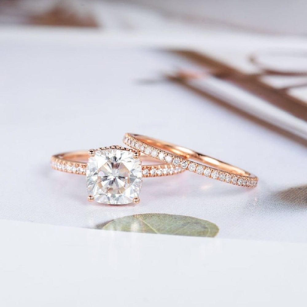 1.00CT CUSHION CUT ROSE GOLD HIDDEN HALO BRIDAL WEDDING MOISSANITE ENGAGEMENT RING SET