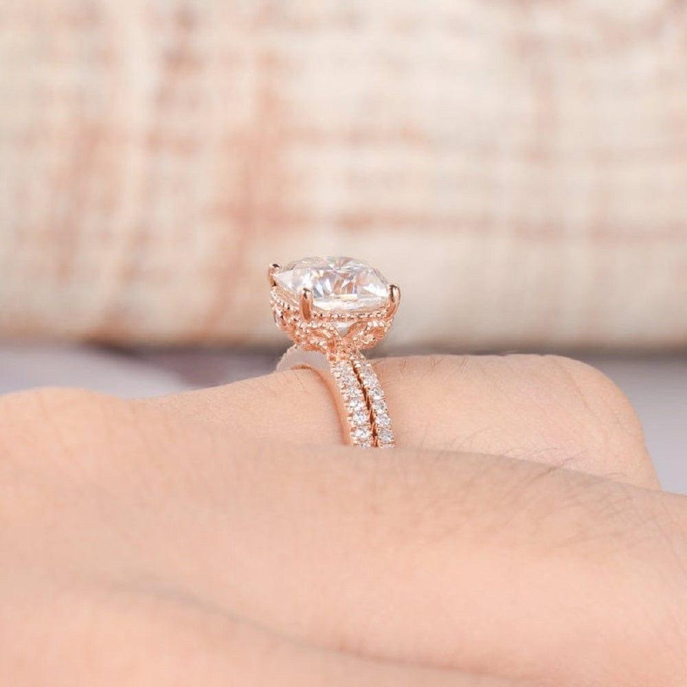 1.00CT CUSHION CUT ROSE GOLD HIDDEN HALO BRIDAL WEDDING MOISSANITE ENGAGEMENT RING SET