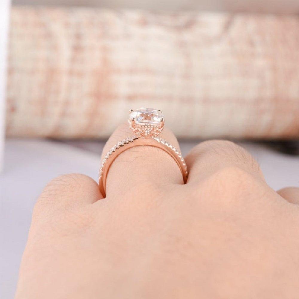 1.00CT CUSHION CUT ROSE GOLD HIDDEN HALO BRIDAL WEDDING MOISSANITE ENGAGEMENT RING SET