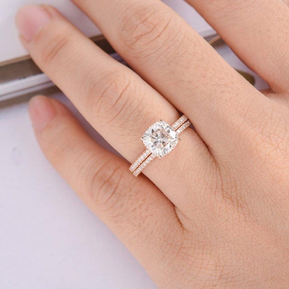 1.00CT CUSHION CUT ROSE GOLD HIDDEN HALO BRIDAL WEDDING MOISSANITE ENGAGEMENT RING SET