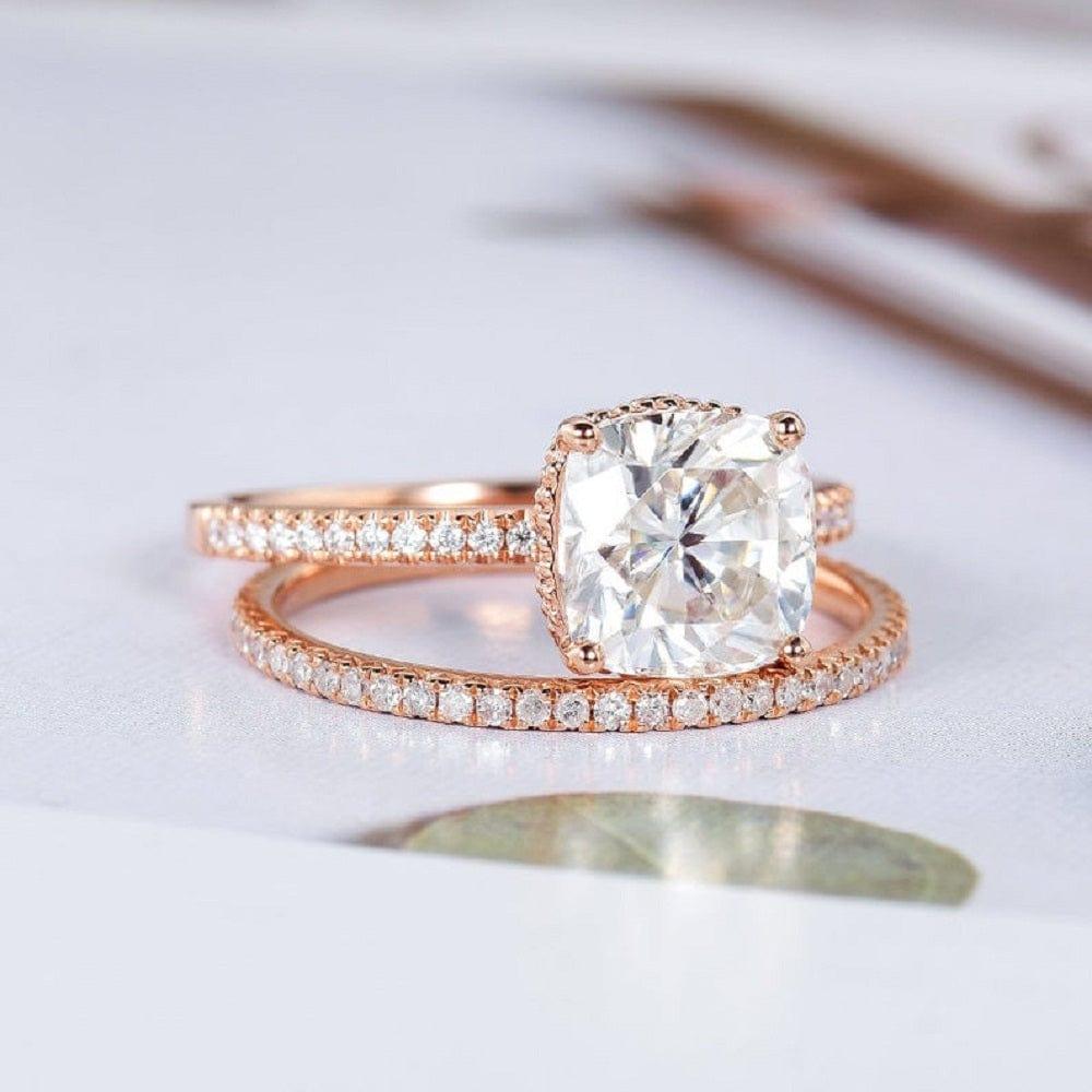 1.00CT CUSHION CUT ROSE GOLD HIDDEN HALO BRIDAL WEDDING MOISSANITE ENGAGEMENT RING SET