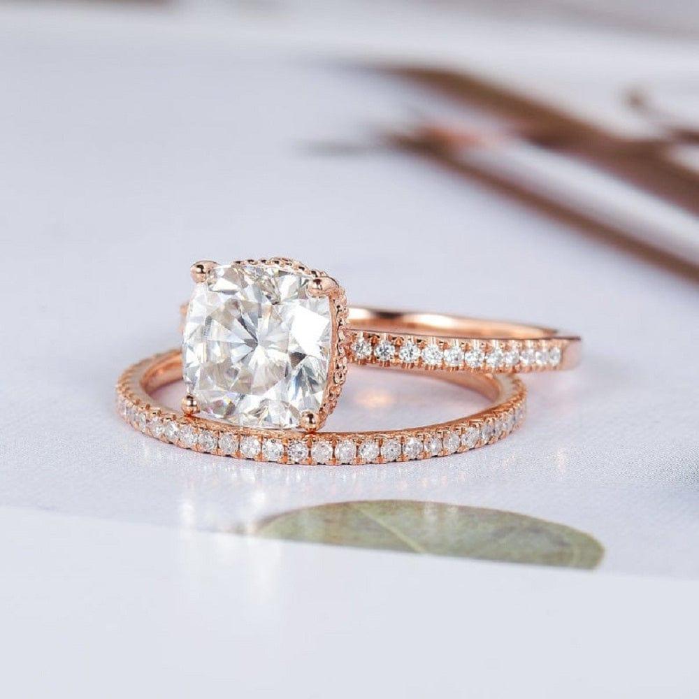 1.00CT CUSHION CUT ROSE GOLD HIDDEN HALO BRIDAL WEDDING MOISSANITE ENGAGEMENT RING SET