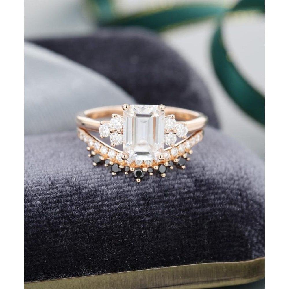 1.00CT EMERALD CUT ROSE GOLD WOMEN CURVED BLACK DIAMOND MOISSANITE ENGAGEMENT RING WITH BAND