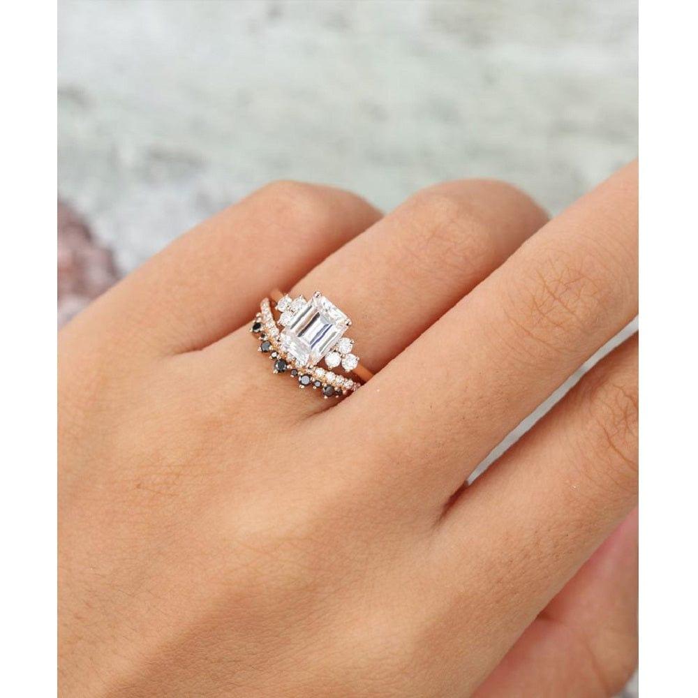 1.00CT EMERALD CUT ROSE GOLD WOMEN CURVED BLACK DIAMOND MOISSANITE ENGAGEMENT RING WITH BAND