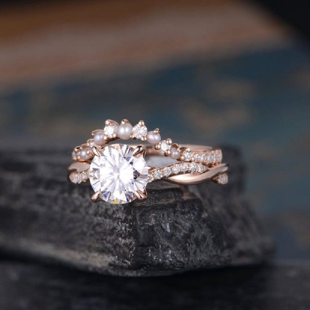 1.00CT INFINITY SOLITAIRE SET PEARL ROSE GOLD TWIST HALF ETERNITY MOISSANITE ENGAGEMENT RING