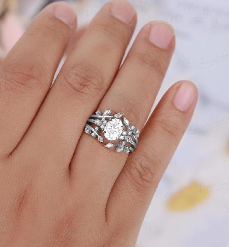 1.00CT OVAL SET LEAF VINTAGE ENHANCE WEDDING BAND CLUSTER MOISSANITE ENGAGEMENT RING