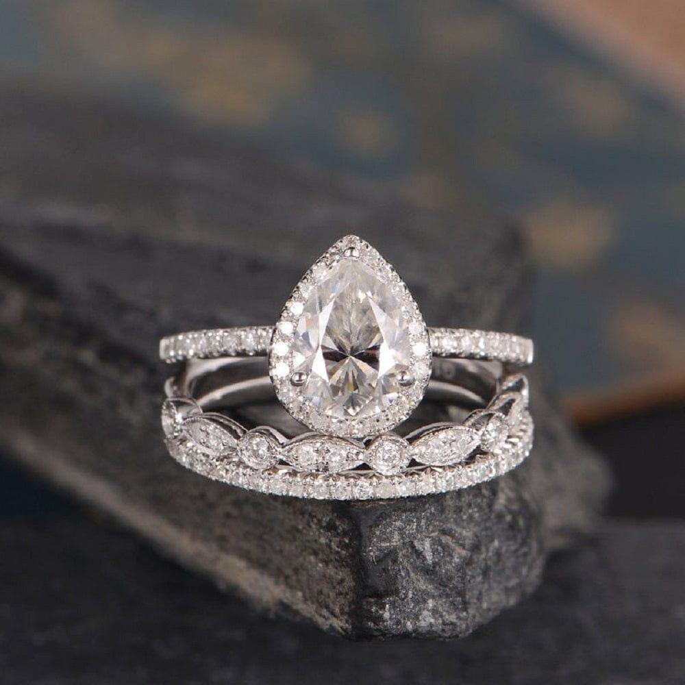 1.00CT PEAR CUT WHITE GOLD BRIDAL SET DIAMOND HALO ANTIQUE MOISSANITE ENGAGEMENT RING